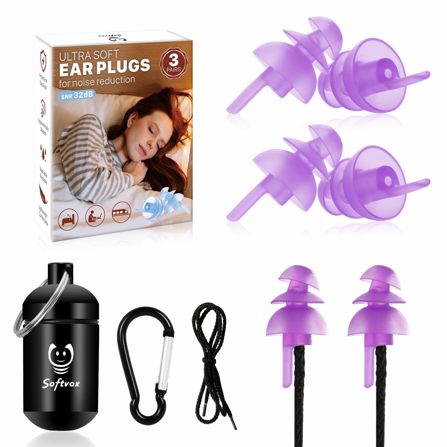 [3 paires] Bouchons d'oreille de sommeil SNR 32 dB Réduction du bruit Bouchons d'oreille en silicone ultra doux pour dormir, dormir léger, travailler, lire et voyager avec cordon amovible (violet)