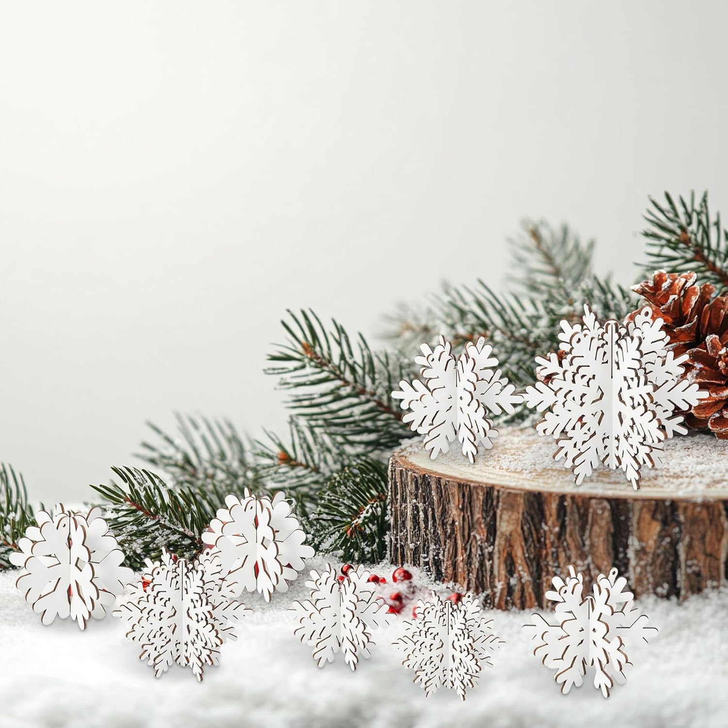 Chunful 36 Pcs Winter Wooden Snowflake Table Decorations 3D Hanging Snowflake Tabletop and Centerpiece with 12 Pcs Ropes for Christmas Home Wonderland Decoration Holiday Party Supplies - Image 3