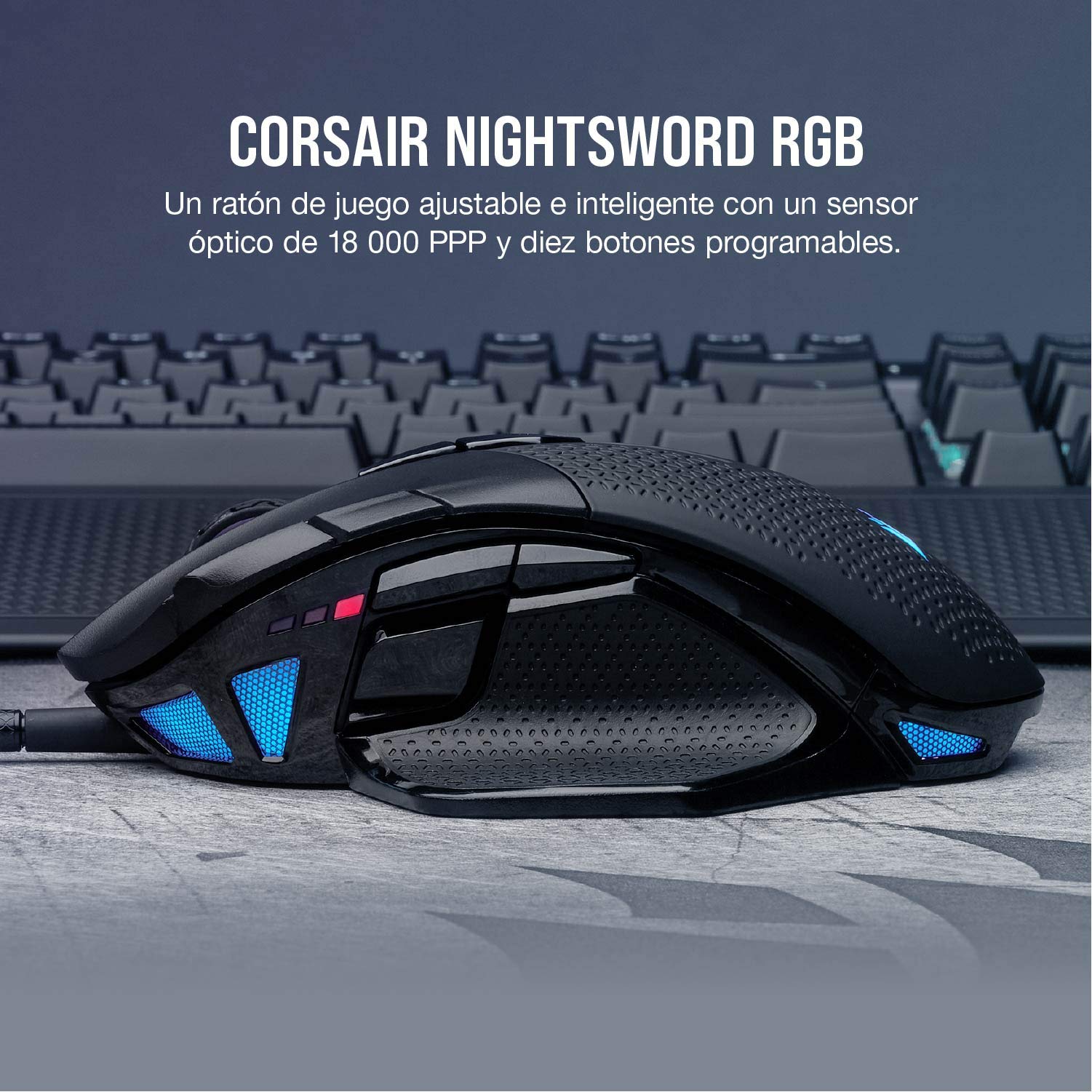 Corsair NIGHTSWORD RGB Ratón de Juego FPS/MOBA con Cable - 18.000 PPP - 10 Botones Programables - Sistema de Pesas - Compatible con iCUE - PC, Mac, PS5, PS4, Xbox - Negro