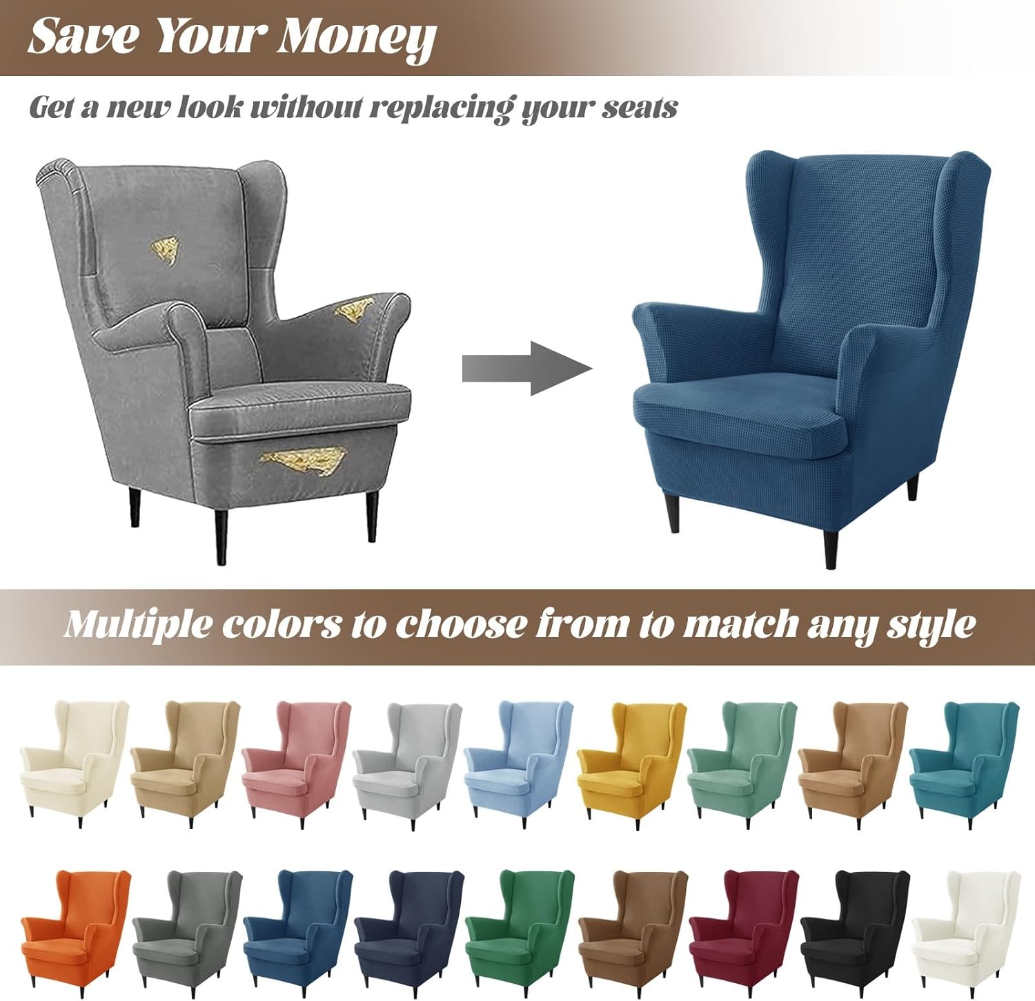 Stretch Wingback Chair Slipcover, Universal Wing Chair Covers Slipcovers with Elastic Bottom, Living Room Armchairs Chair Slip Covers with Ottoman Cover, High Back Chair Cover Slipcover Set(Light brow