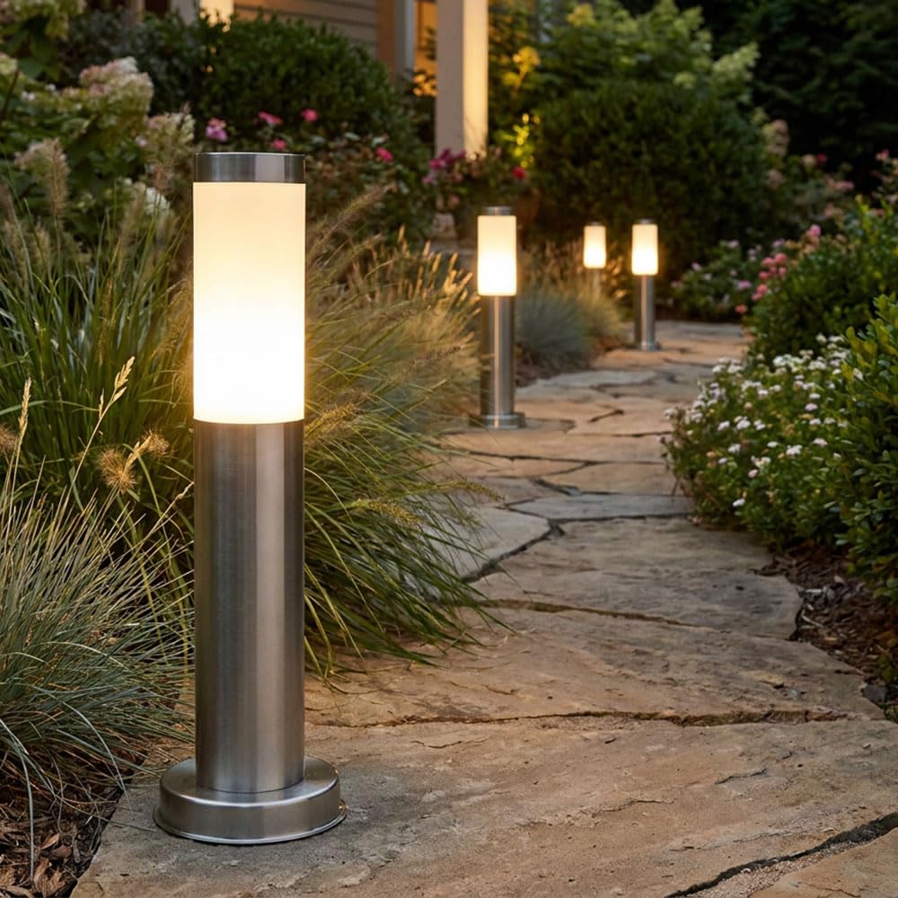 4x LED Außen Stehleuchte Standlampe Beleuchtung Weg-Licht Edelstahl IP44 geeignet für Garten, Hof, Weg, Eingangsbereich, Veranda, Terrasse