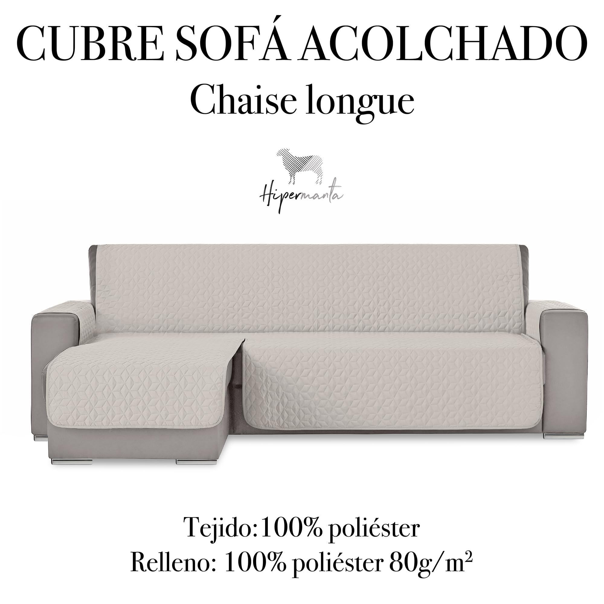 Salva Sofa Chaise Longue. Protector de Sofa Acolchado. Funda Cubre Sofa Mascotas Perros Gatos. Protector Sofa Cuadros.Color Marfil. Lado Izquierdo Visto de Frente 240 cm