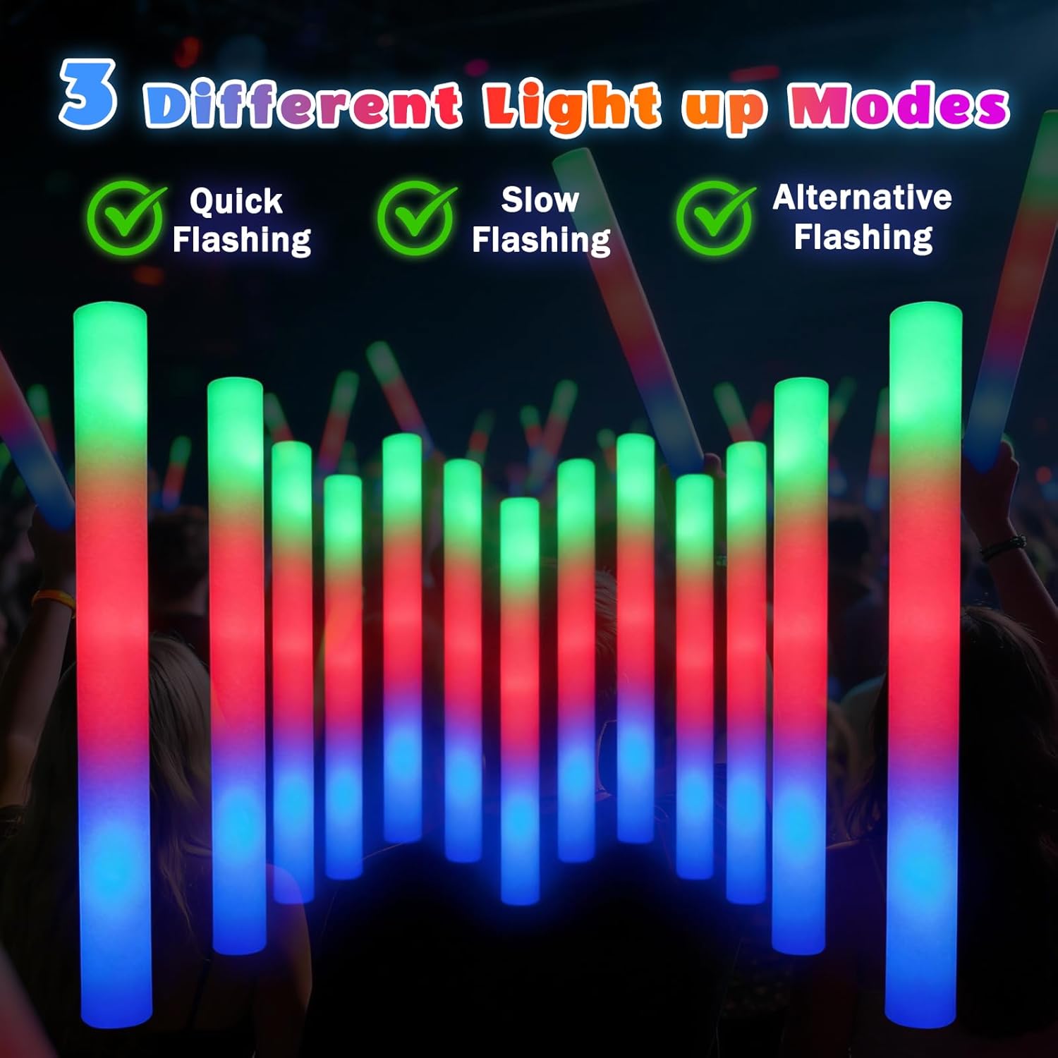 56PCS Foam Glow Sticks Bulk, Light up Foam Sticks with 3 Modes of Color Flashing, Glow Sticks Party Pack, Light up in the Dark Party Supplies for Wedding, Concert, New Year, Halloween