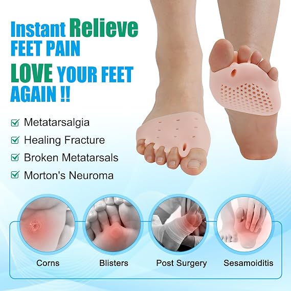 Metatarsal Pads,Gel Toe Separator, Metatarsal Cushion New Material, (4 PCS Nude), Breathable & Soft Gel, Toe Spacers, Forefoot Pads, Great for Blisters, Diabetic Feet.