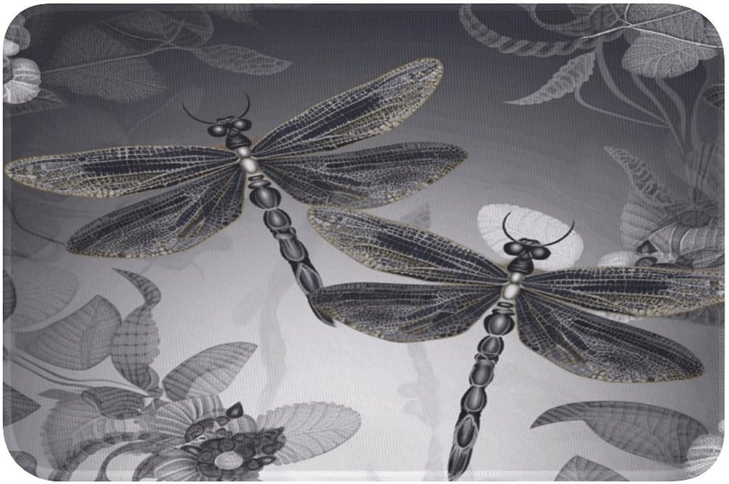 Dragonflies Grey Front Door Mat for Home Decor Outdoor Indoor Entrance Door Mat Non-Slip Outside Doormat Washable Kitchen Rug Crystal Velvet Welcome Mats Soft Small Area Rug