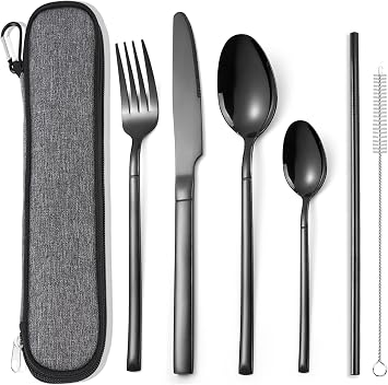 AARAINBOW Portable Cutlery Set for 1 Person, Stainless Steel Knife Fork Spoon Straw Set. 6-Piece Flatware Set with Bag, Suitable for Travel Camping Work, Dishwasher Safe, Black