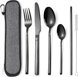 AARAINBOW Reisebesteck mit Etui, Cutlery Set for 1 Person Besteckset for Camping Arbeit, 6 Teilig Edelstahl Messer Gabel Löffel Set, Geschirrspüler Sicher, Schwarz