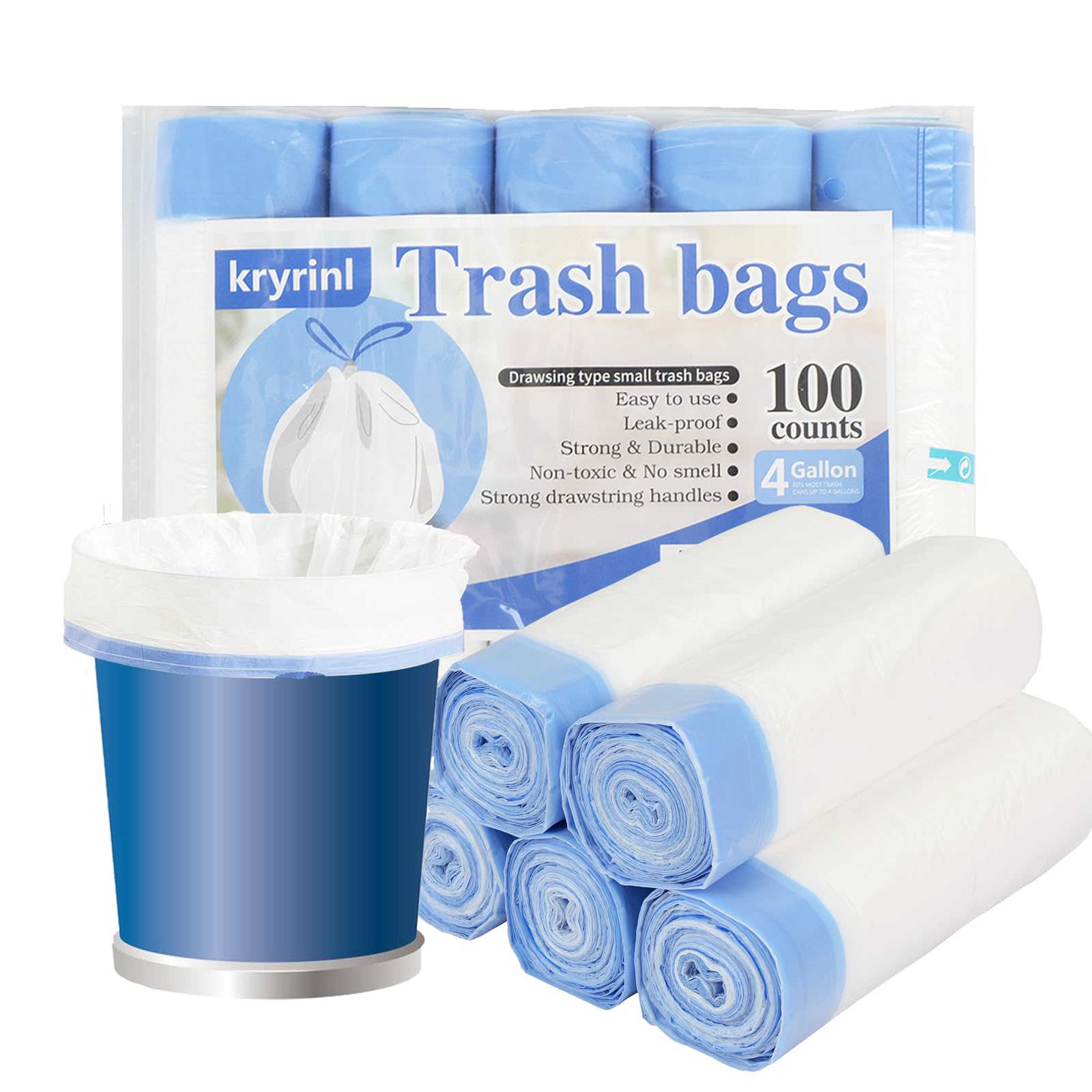 5 Gallons Drawstring Garbage Bags, 5Rolls Tall kitchen Trash Bags for Office, Bathroom, Kitchen, Bedroom, white