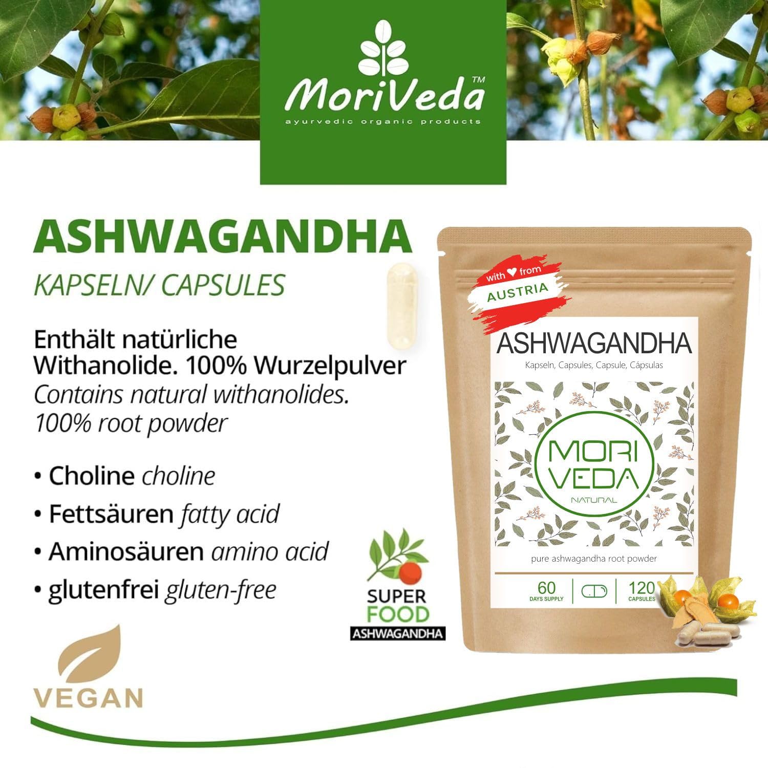 Ashwagandha capsule 1200mg - 100% polvere di radice - 60 giorni di fornitura - l'equilibrio, la qualità della vita e la pace interiore - dall'India - vegan e senza glutine - da MoriVeda - 120 pezzi