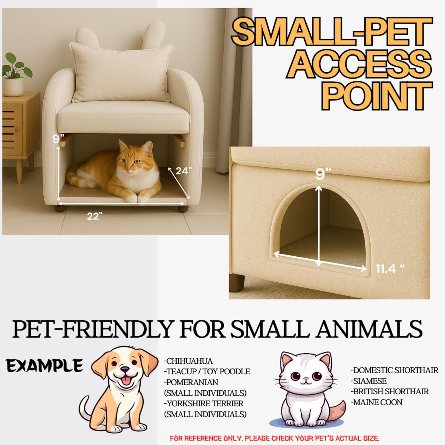 Beige Bunny-Ear Pet-Friendly Armchair with Built-in Cat & Dog Hideaway Cozy Living Room Chair with Side Pocket Gift-Ready