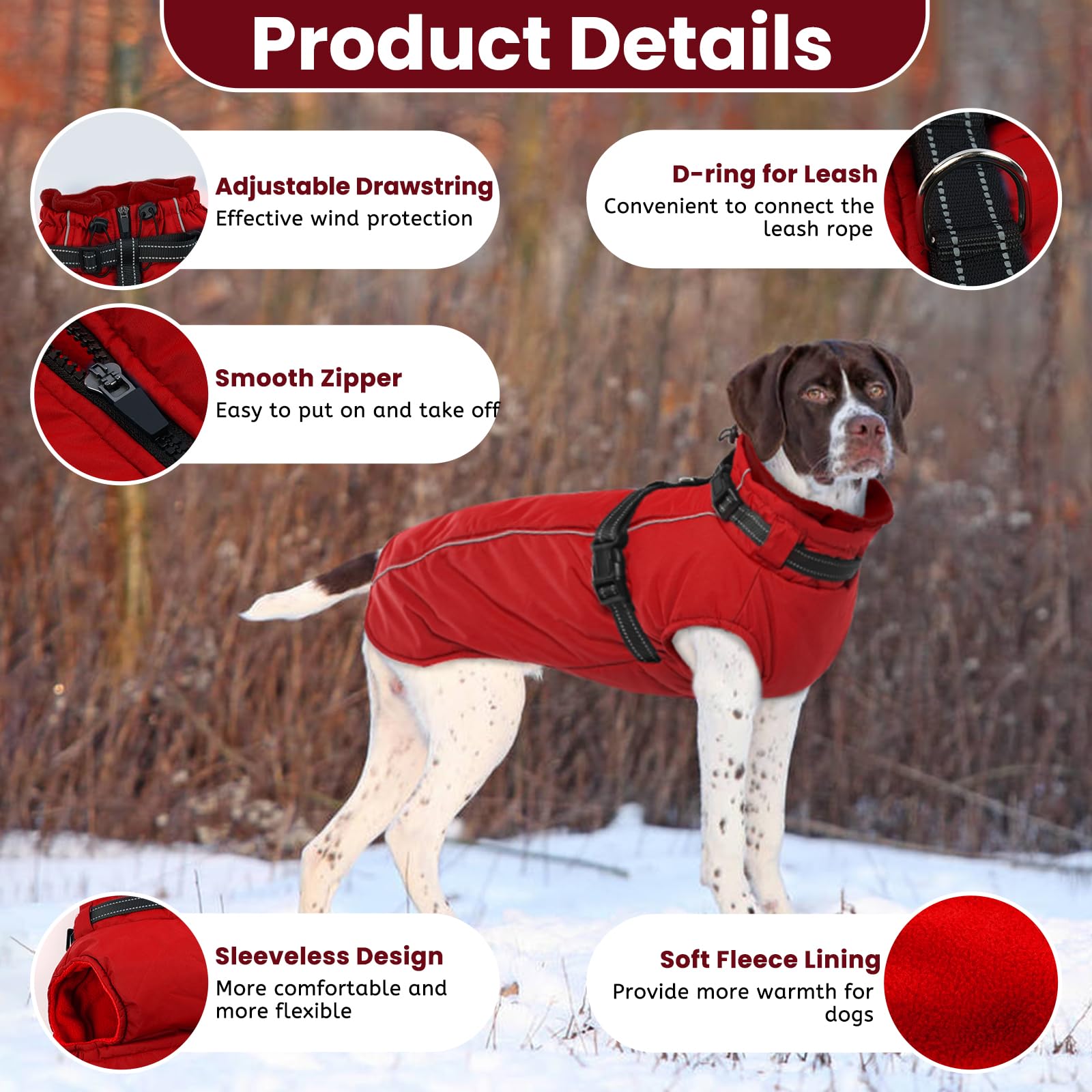 Lelepet Small Dog Coat With Harness - Warm Waterproof Fleece Jacket, Winter Reflective Vest Snow Suit for Yorkshire Papillon - Red S - Image 2