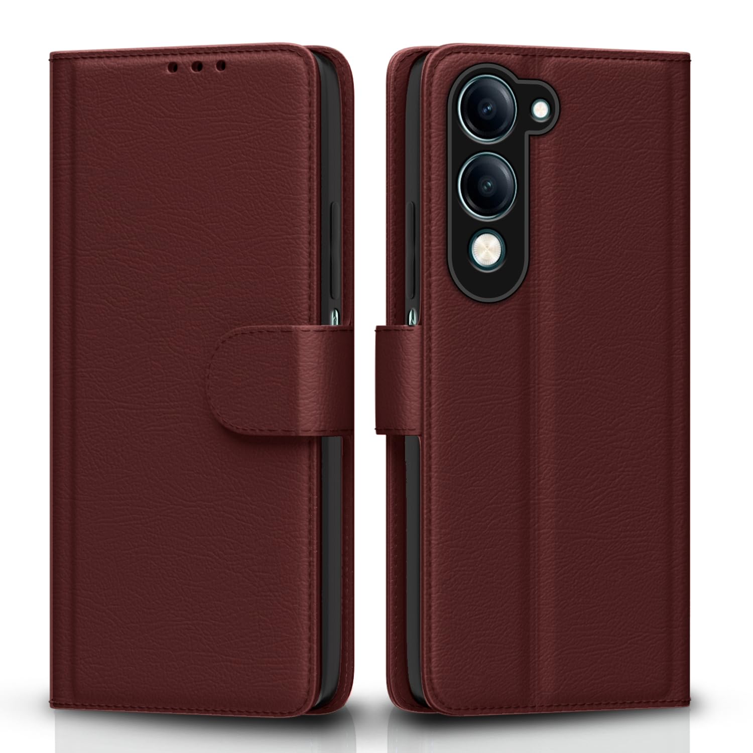 Amazon Basics Flip Cover for Vivo Y19e / Y04 4G / Y29s 5G Leather Finish | Wallet Stand and Shock Proof | Inside TPU with Card Pockets | Complete Protection Flip Case(Brown)