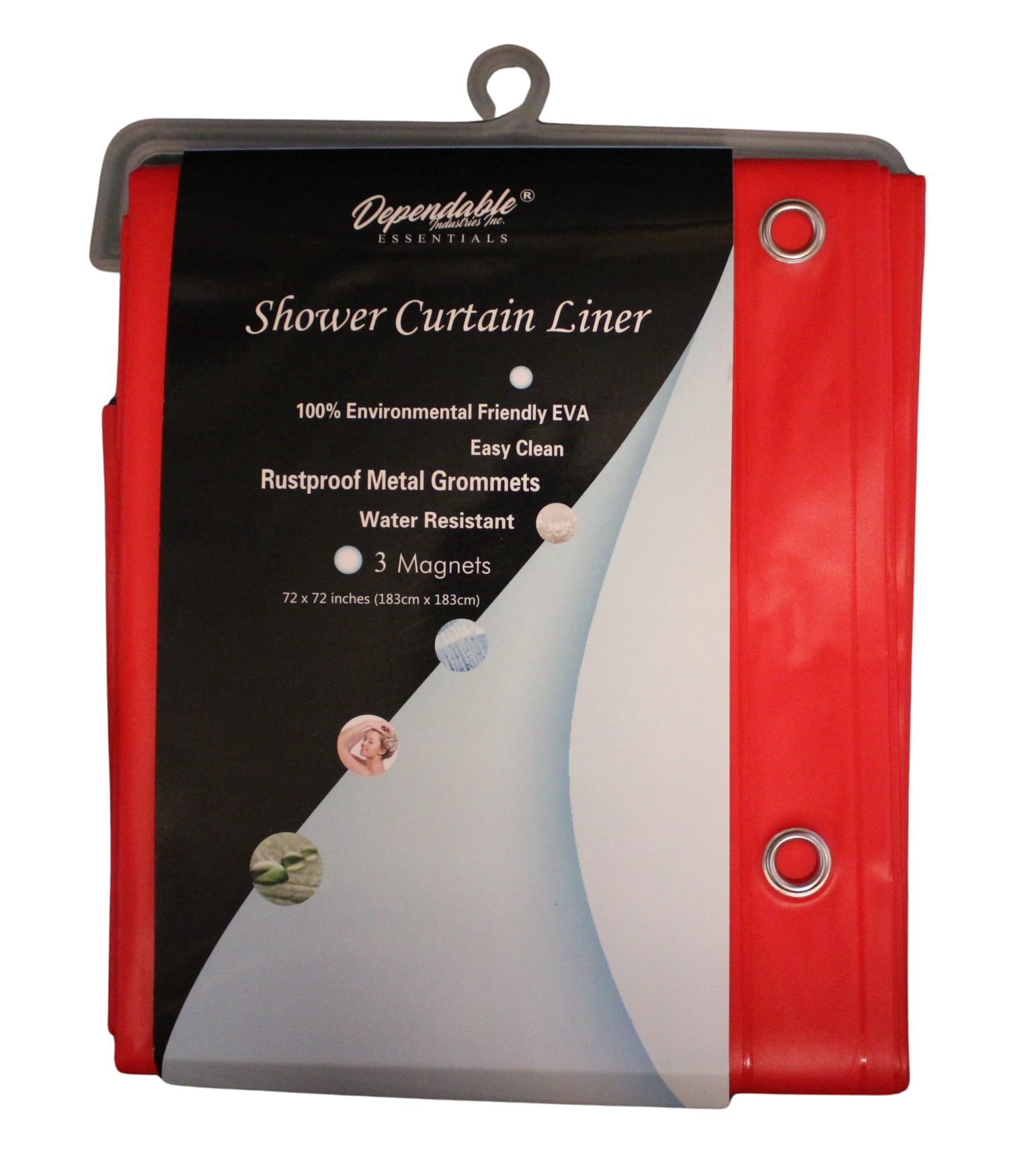 Dependable Industries inc. EssentialsEVA Shower Curtain Liner - Water-Resistant, Rustproof Metal Grommets, 3 Magnets Bottom, Easy Clean, 72" x 72" Size (Red)