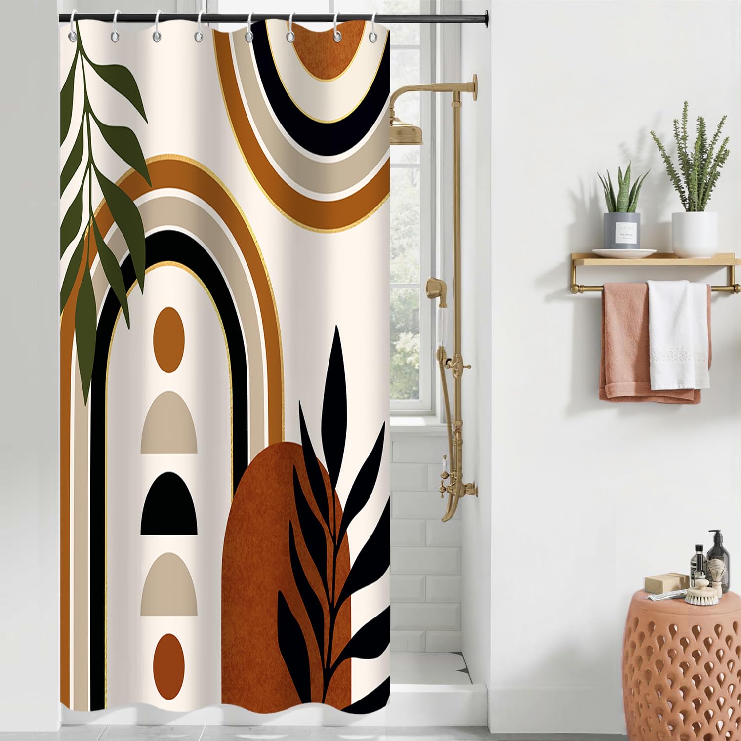 GCIREC Shower Curtain, 90x180cm, Terracotta White Mid Century Modern Abstract Art Boho Geometric Waterproof Fabric Machine Washable Bathroom Curtain with Hooks — image 1
