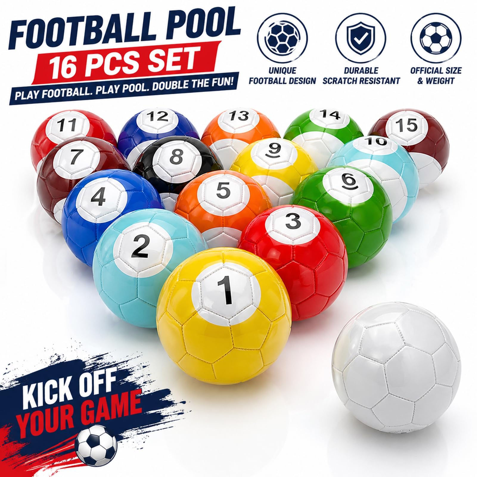 Set de 16 Bolas de Football Pool, Balones Inflables de Cuero para Snooker Soccer y Juego de Billar Gigante con Patadas, Juegos de Mesa Indoor & Outdoor para Jardín, Fiesta, Sala de Juegos