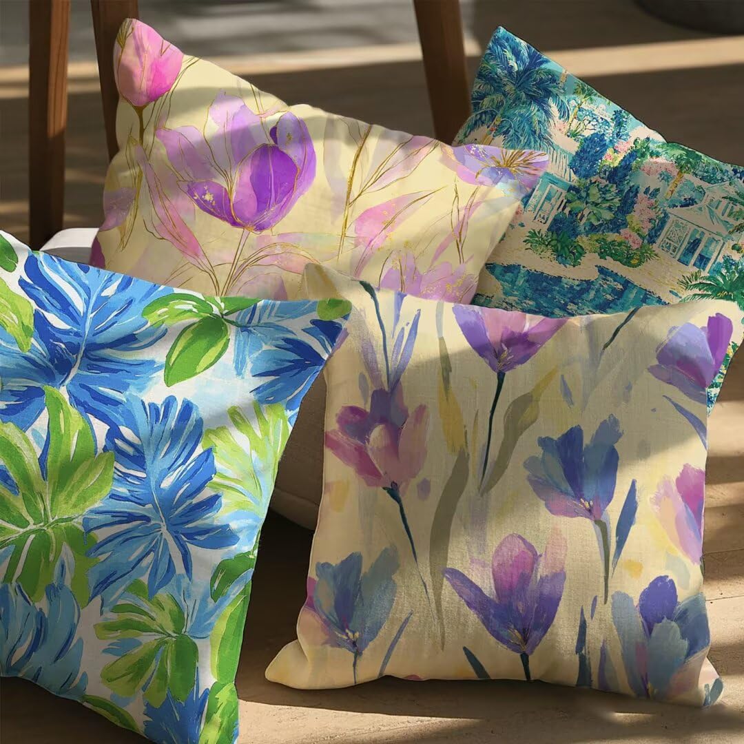 Lot de 4 Housse de Coussin 45x45cm, Housse de Canapé Été Motif Décoratif Imperméable Lin Taie d'oreiller avec Fermeture Éclair Invisible, Salon Chambre à Coucher Décoration de Maison, Aquarelle Ym569