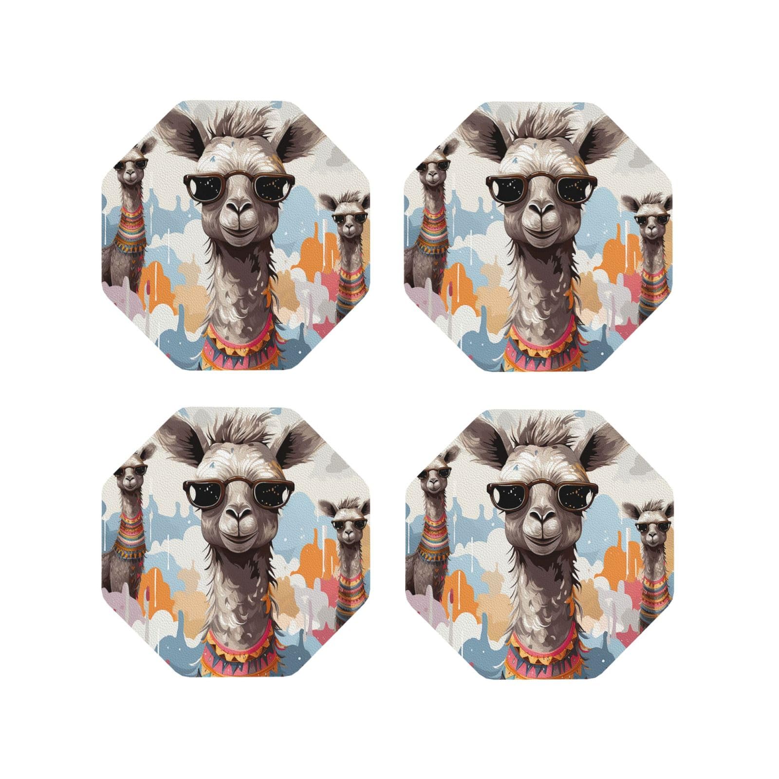 4Pcs PU Leather Coaster for Drinks, Cute Giraffe Funny Cup Coastersr 4" Cup Mat Pad, Aesthetic Drink Coasters for Coffee Table, Octagon Coaster for Tabletop Protection