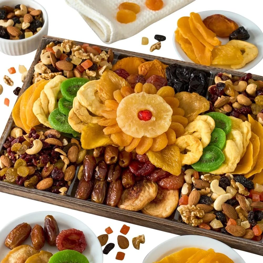 Dried Fruit & Nuts Platter Gift on Wooden Tray for Prime Delivery - Gourmet Food Gifts Basket by GourmetGiftBaskets.com