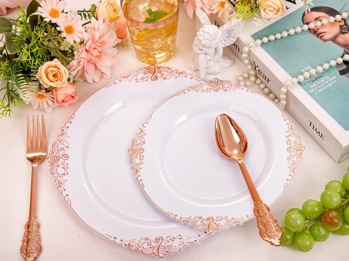 Morejoy 175PCS Rose Gold & Silver Plastic Dinnerware Set: 25 Plates, 25 Forks, 25 Knives, 25 Spoons, 25 Cups, 25 Napkins - Perfect for Wedding & Party - Image 7