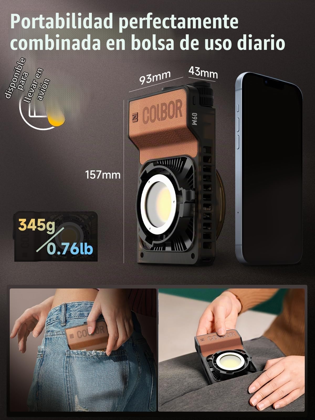 Luz Video, COLBOR Wonder W60 60W Foco Video Portátil 345g Iluminación Continua DC/Tipo C con App para Filmación Entrevistas Transmisión Compatible con Zhiyun, Luz-Video-Foco-LED-Fotografia