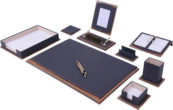Leather Desk Organizer Set Walnut Wood Combination -Office Desk Accessories - Desk Supplies - Leather Desk Set - Office Accessories - 11 PCS Gray