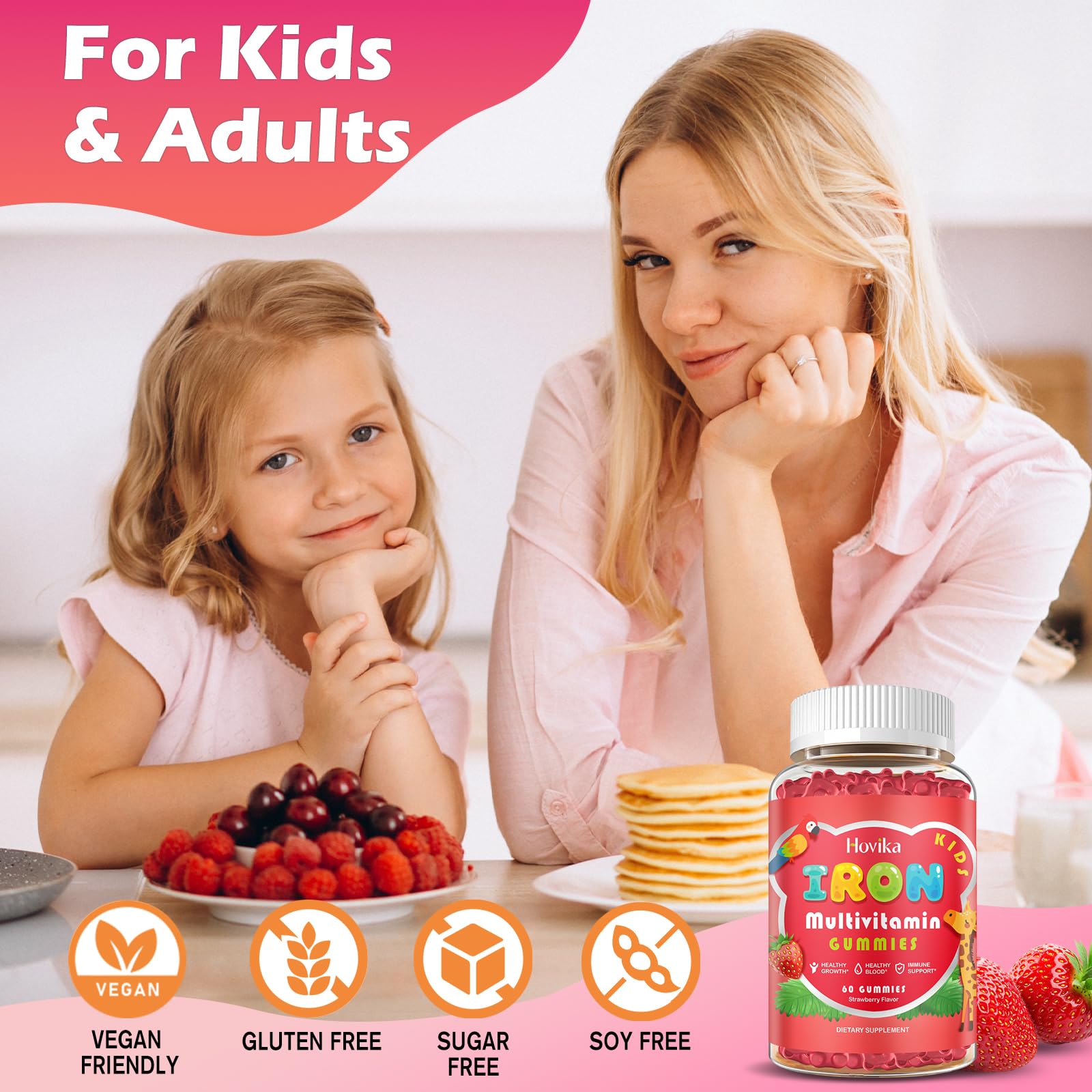 Iron Supplement Gummies for Kids with Multivitamin, Calcium, Zinc, Folate - Kids Iron Gummies Support Immune, Blood Builder, Iron Deficiency, Anemia & Energy - Vegan, Strawberry 60 Count — Amazon image 8