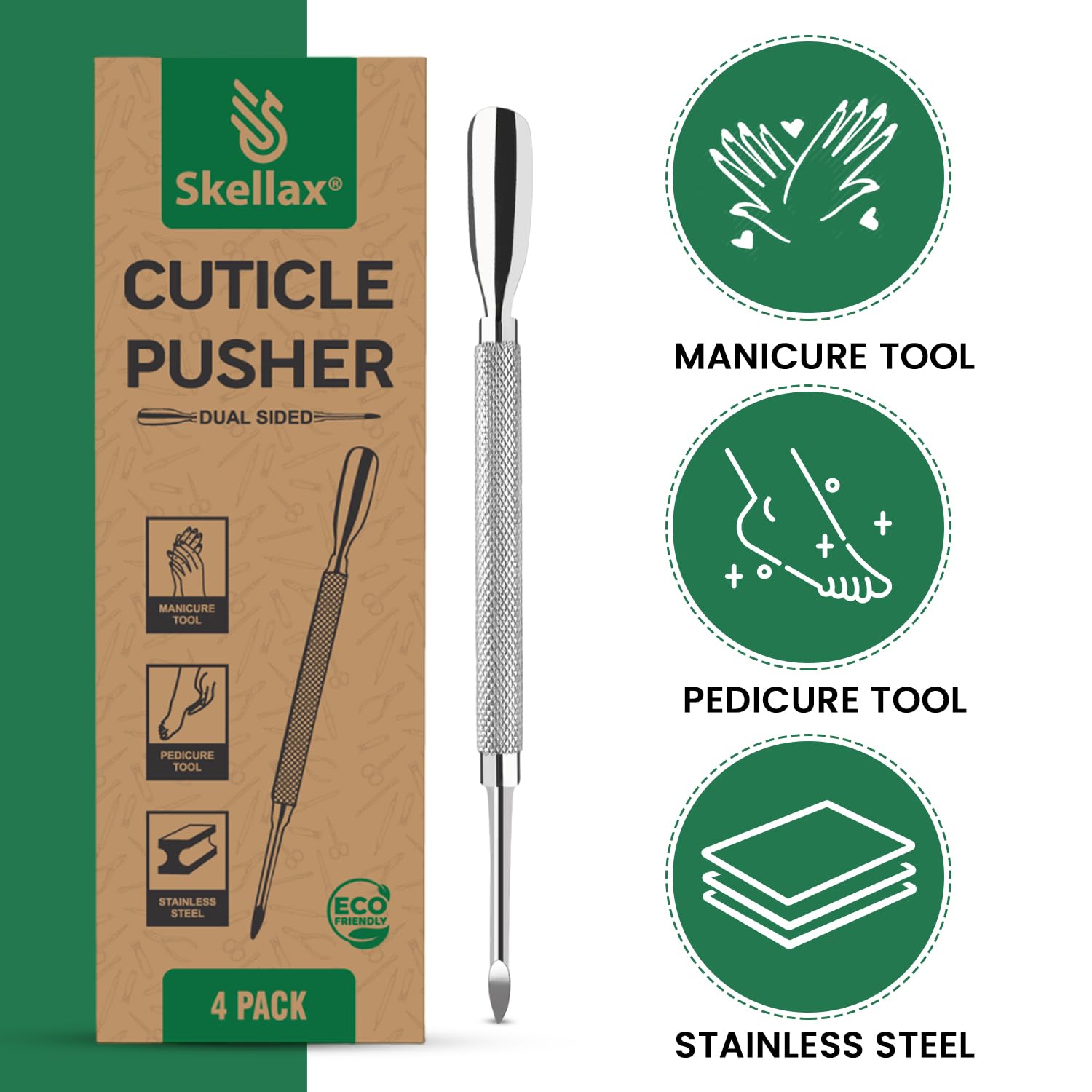 Juego de 4 empujadores de cutículas de doble extremo con borde afilado, con forma de cuchara, acero inoxidable de calidad de salón, manicura y pedicura, herramientas de limpieza para uñas de