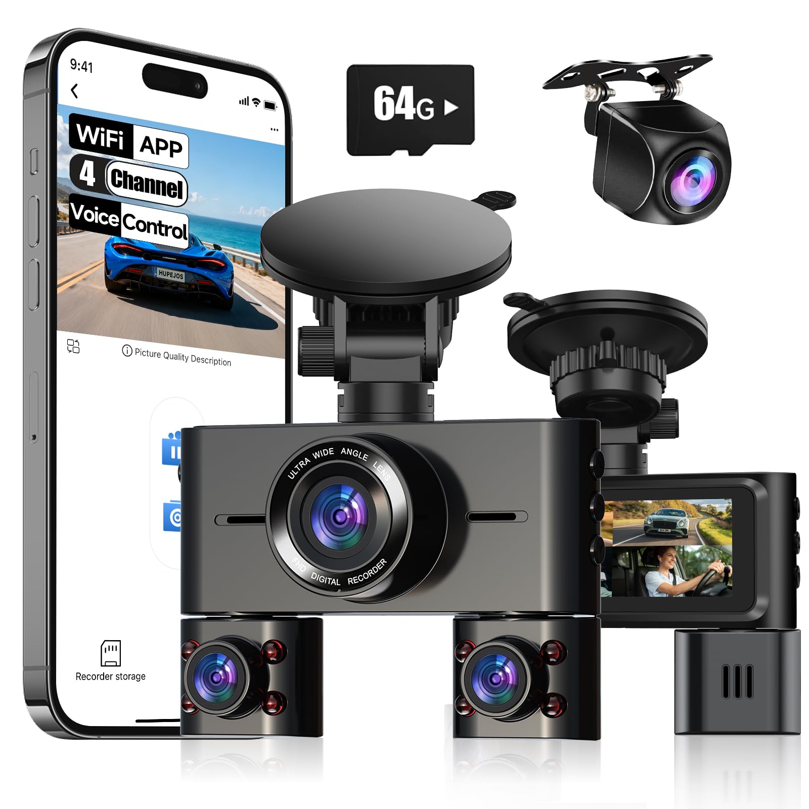360° Dash Cam Front and Rear Inside, 4 Channel Dash Camera for Cars FHD 1080Px4, Built-in Wi-Fi, 3.16” IPS Screen, WDR Night Vision, Voice Control, Included 64GB Card, 24H Parking Mode