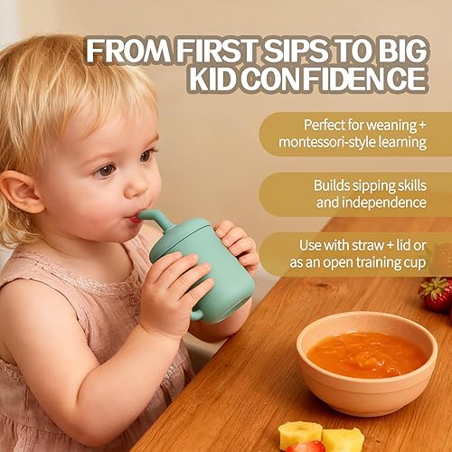 Miniatura 5 de Paquete de 2 tazas para beber 100% silicona para bebé, taza pequeña de entrenamiento de silicona con asas y popote para bebés y niños pequeños Gris,