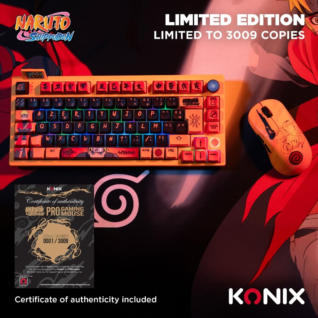 Konix Naruto Shippuden Souris Gaming Filaire/sans Fil PC - Édition Pro Collector Numérotée - 26 000 DPI - Autonomie 70 h - Motif Kurama/Kyûbi - Orange