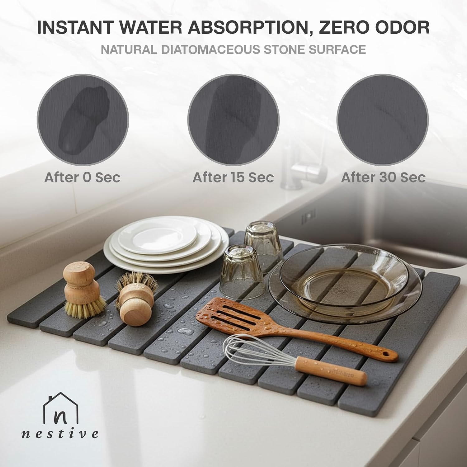 Large Stone Drying Mat for Kitchen Counter | 24"x16" | Fast Drying Collapsible Diatomaceous-Earth Mat | Super Absorbent Folding Mat for Dishes, Bottles, Glass, Heat-Resistant, Non-Slip (Dark Gray)