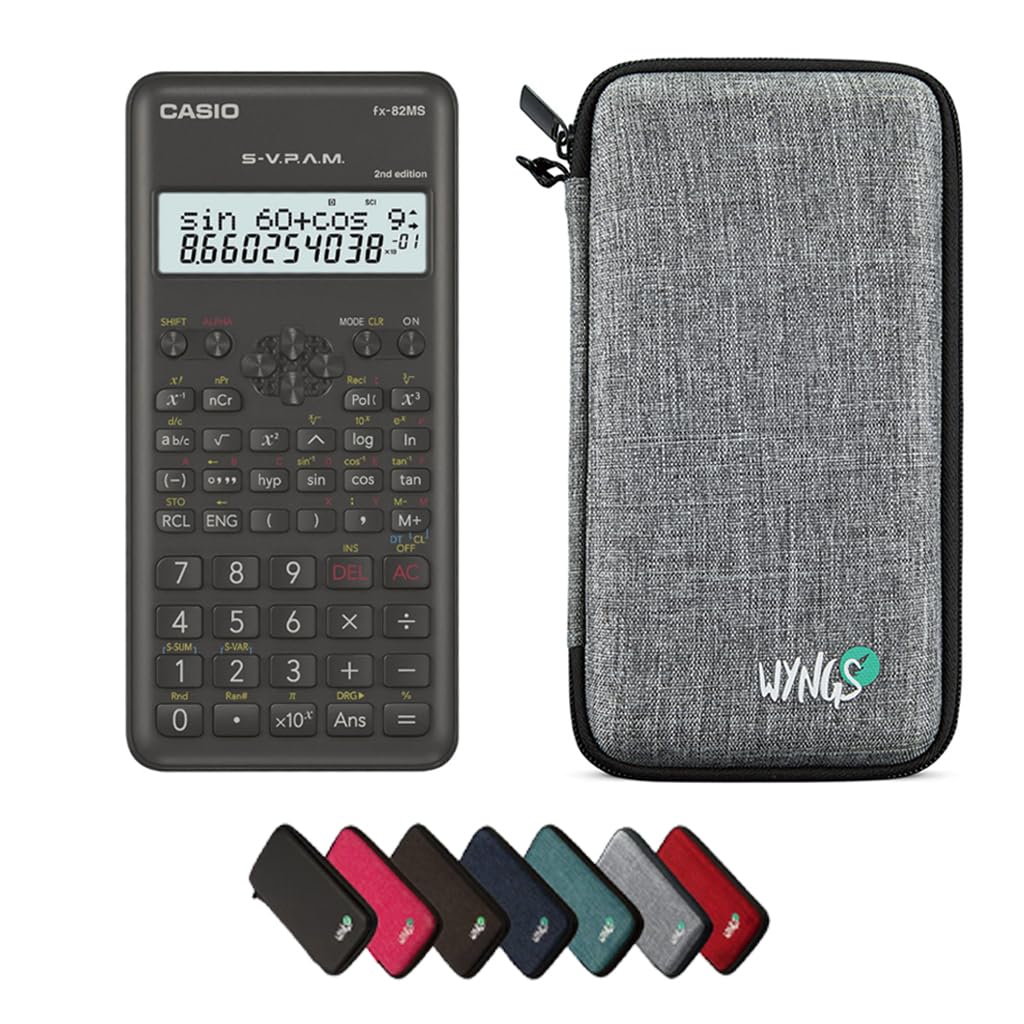 Casio fx-82 MS 2nd edition including a WYNGS protective case in Light Grey - Basic Set, Casio fx-82MS 2nd edition