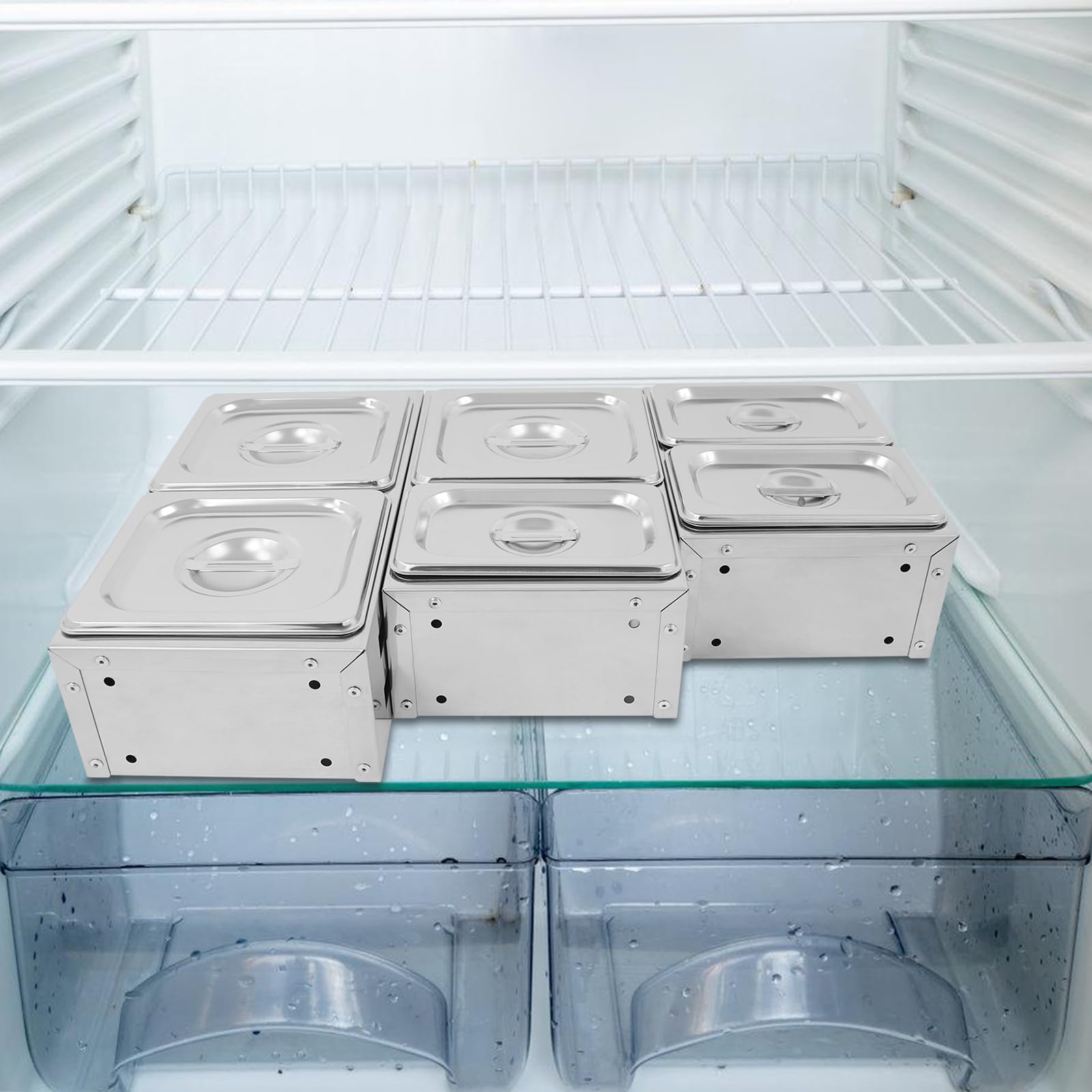 Lot de 6 pots à épices en acier inoxydable avec étagères et couvercle, pour le stockage du sucre, du sel, des sauces, du vinaigre, 11 x 17,5 x 6,5 cm/16,5 x 17,5 x 6,5 cm