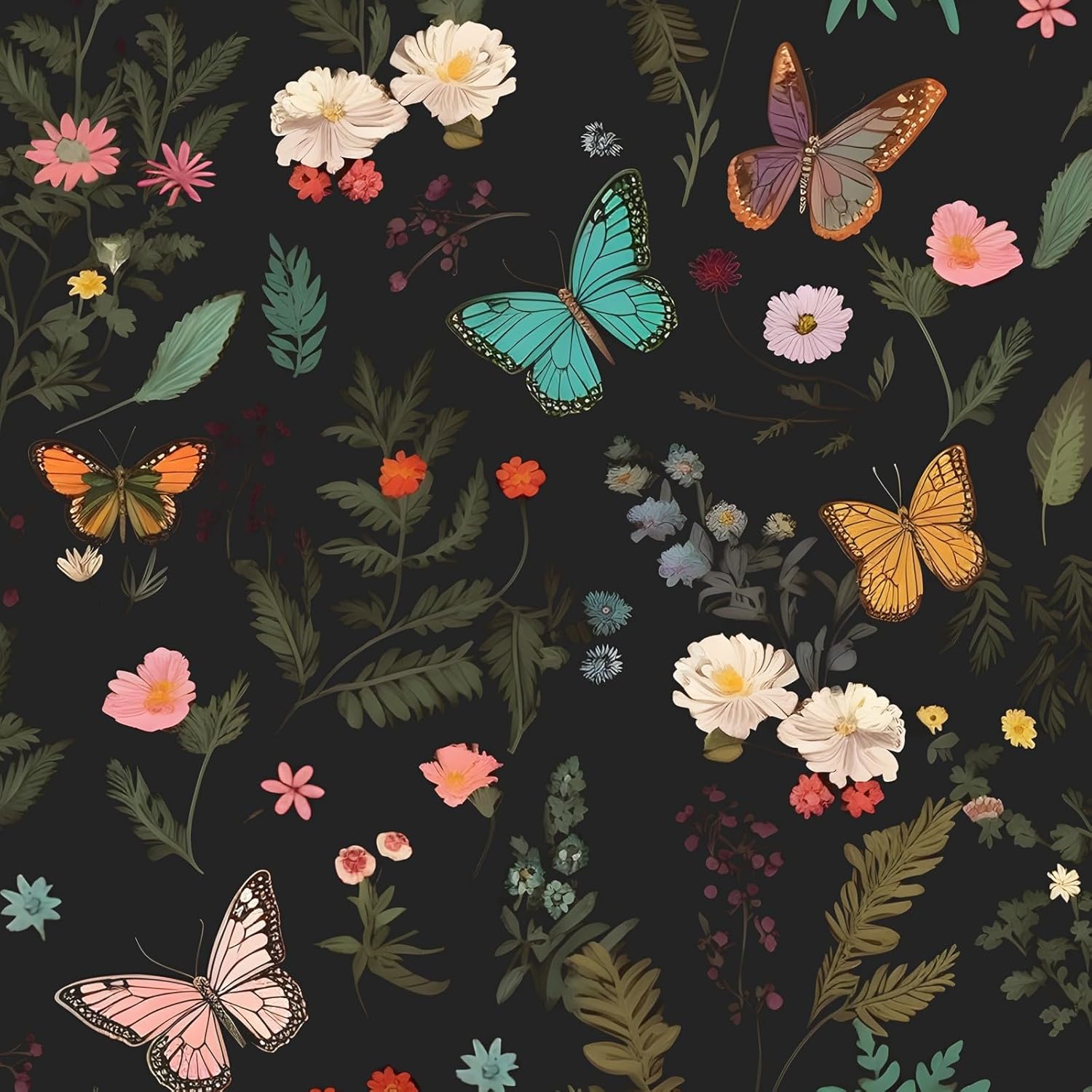 Extra Long Black Butterfly Peel and Stick Wallpaper, 17.5In x 393In Boho Dark Floral Self-Adhesive Vinyl Contact Paper, Vintage Removable Wallpaper for Girl Bedroom Shelves Cabinets Colorful