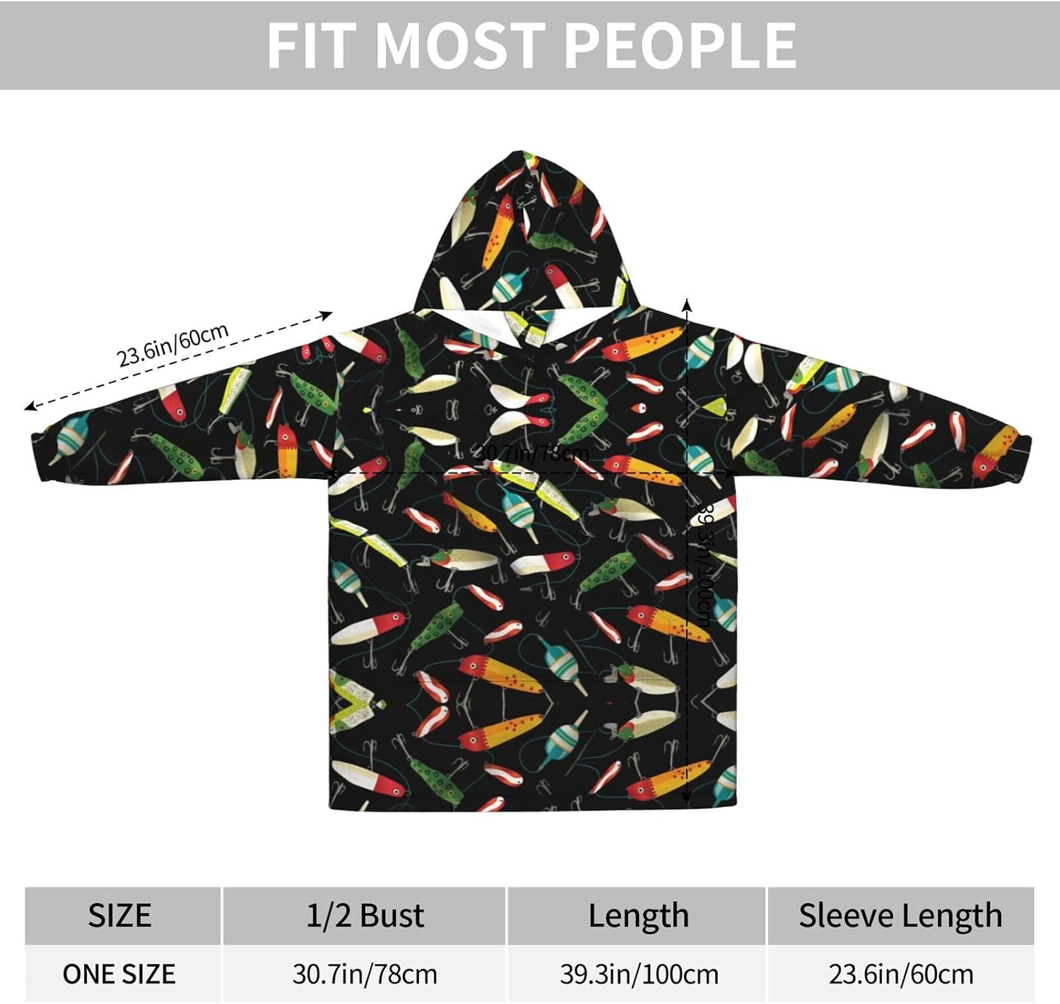 Fishing Lure Print Blanket Hoodie Fleece Sweatshirt Blanket With Sleeves And Pockets