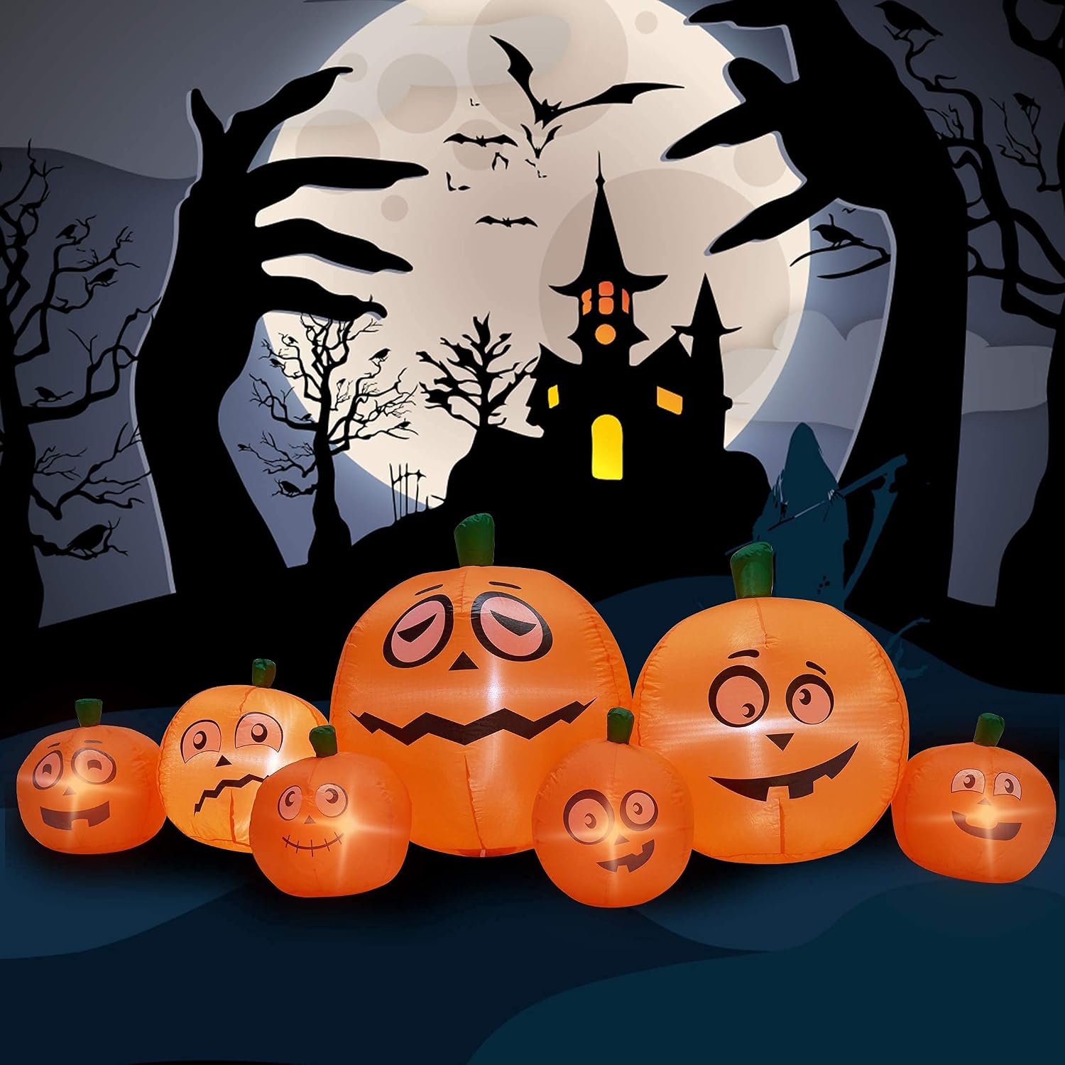 Twinkle Star 8 Ft Long Halloween Lighted Inflatable Pumpkins, Outdoor Indoor Holiday Decorations, LED Lights Animated Halloween Yard Prop, Giant Lawn Decorations