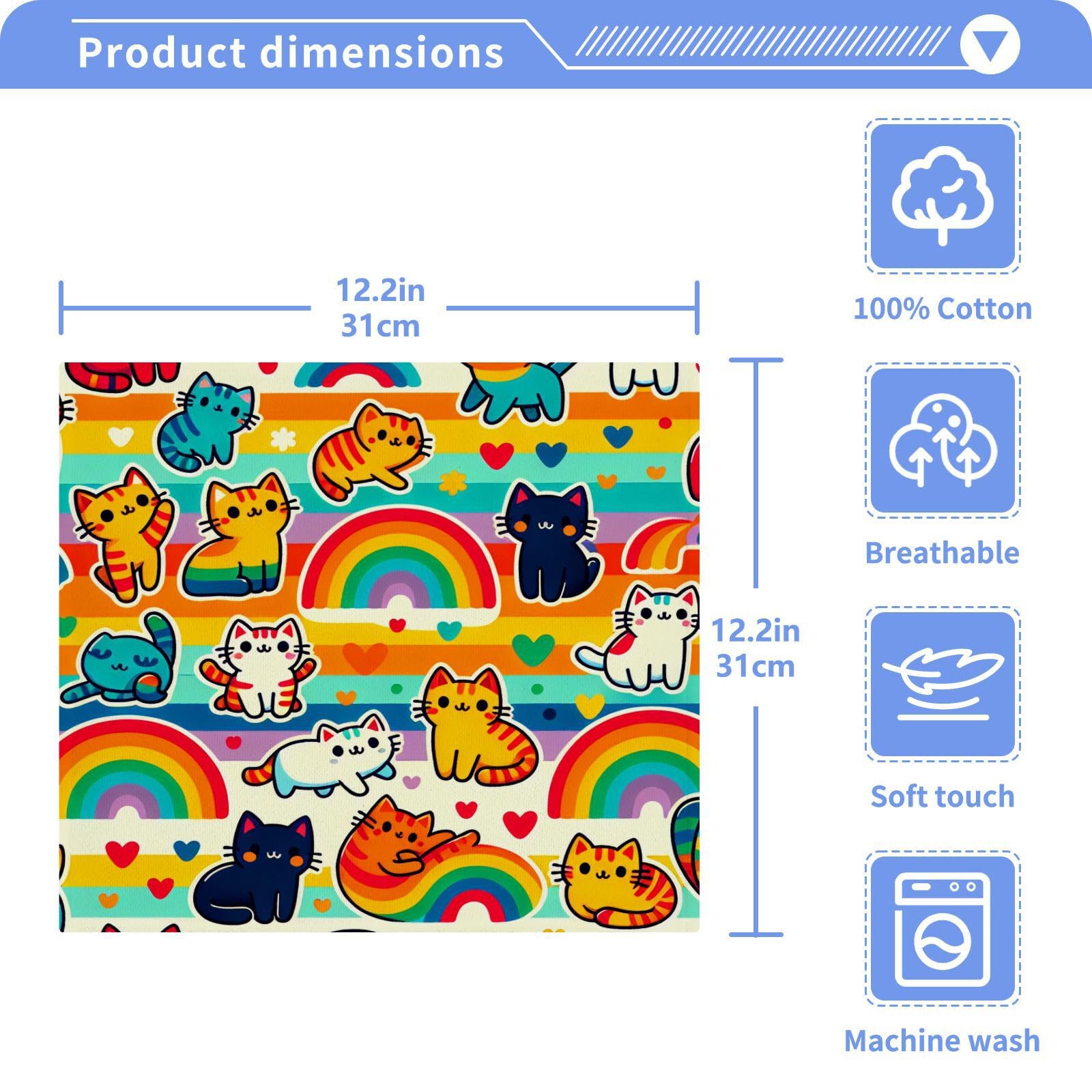 YANENDIE Cute Rainbow Cats Washcloths Towels, Highly Absorbent and Soft Cotton Face Cloths, 2 Pack Quick Dry Wash Cloths - 12 X 12 Inches