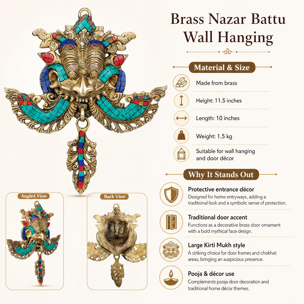 Brass Kirtimukha Wall Hanging - Nazar Battu -2