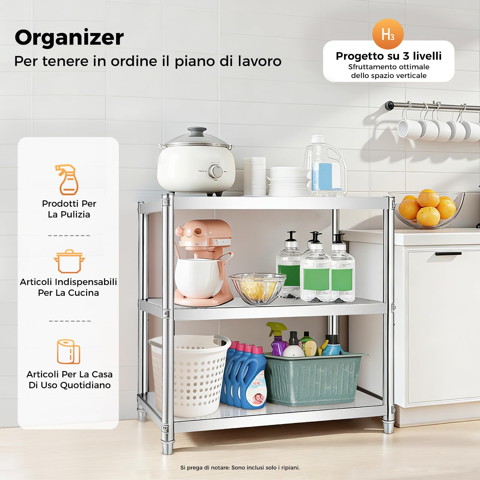 Scaffale da cucina in acciaio inox 80x80x40 cm – 3 ripiani resistenti fino a 30 kg – Tavolo/Scaffale metallico multiuso