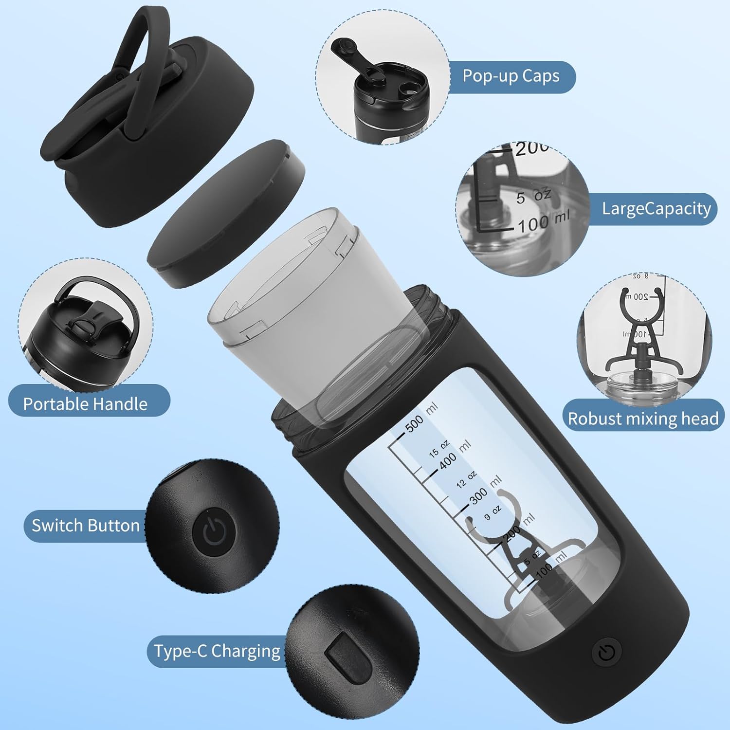Shaker Électrique 650ml USB Rechargeable avec Boîte à Poudre Intégrée et Poignée Ergonomique pour Fitness (Noir) - Description