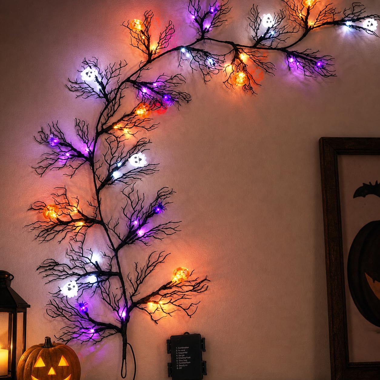 Halloween Willow Vine Twig Light - 6FT 54 LED Garland with 6 Ghosts Pumpkins Spiders, 8 Modes and Timer Waterproof Battery Operated Lights for Indoor Home Wall Table Decor