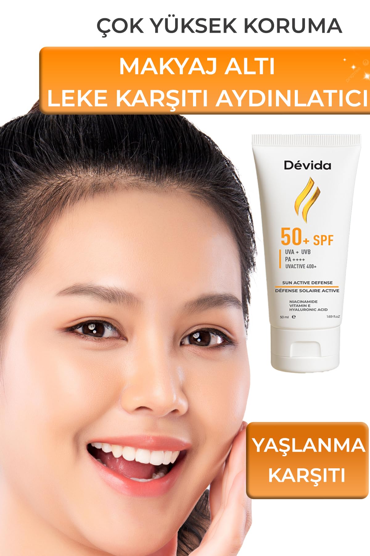 Dévida Güneş Kremi Cilt Lekesi Önleyici SPF 50+ UVA UVB Koruyucu UvActive 400+ Krem
