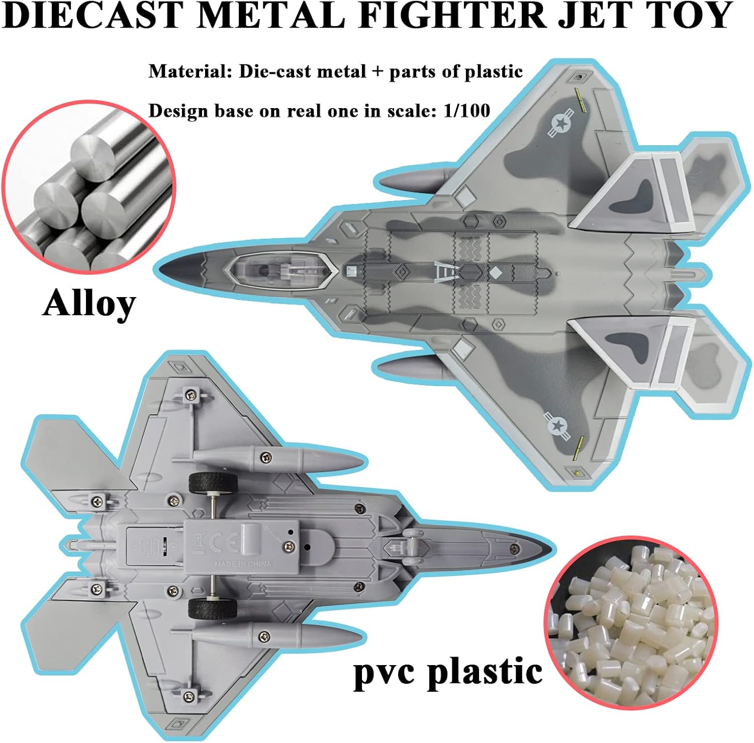OTONOPI Fighter Jet Toy F-22 Raptor Fighter Bomber Aircraft Diecast Army Fighting Jet 1/100 Airplanes Model with Lights and Sounds for Kids