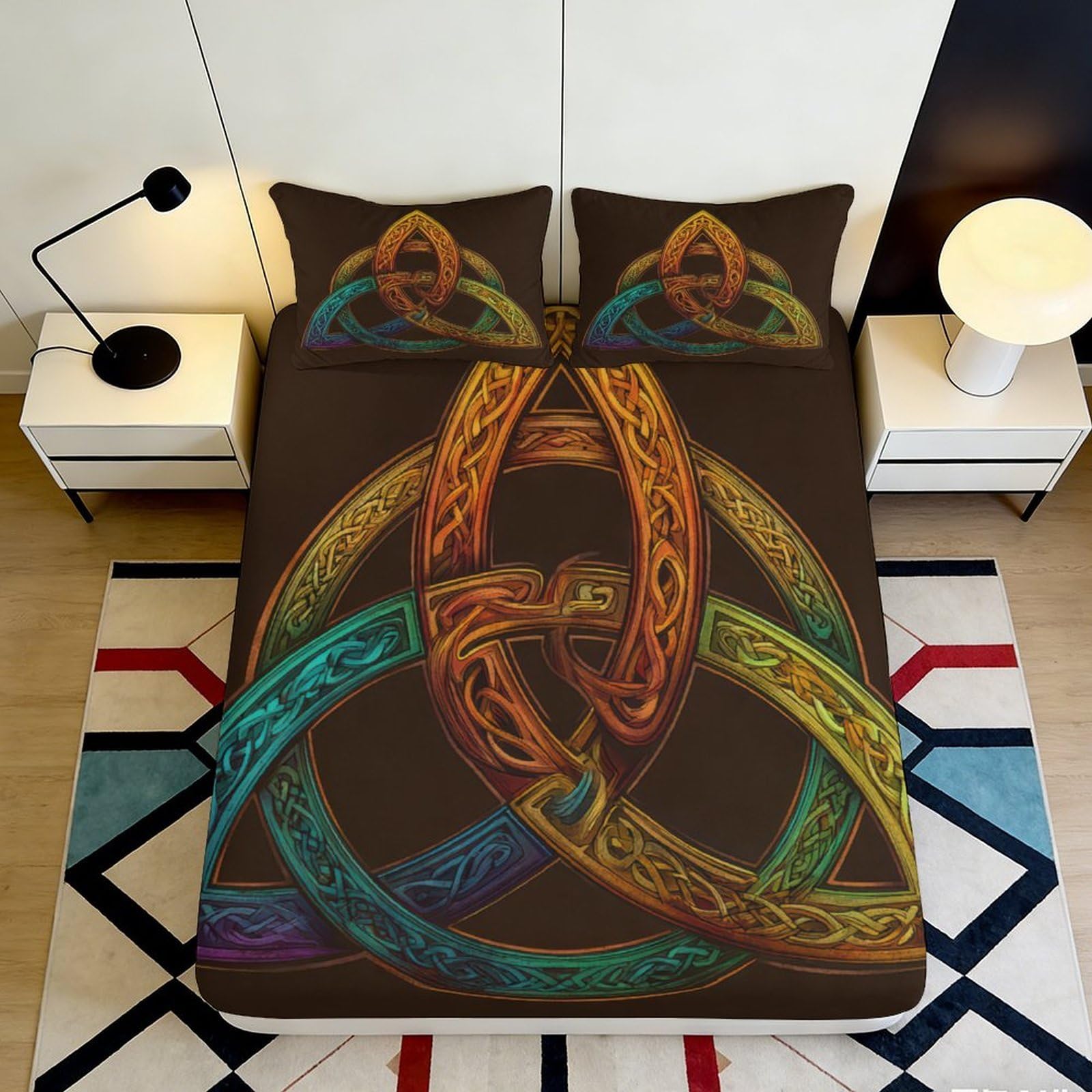 3D Printed Celtic Knot Fitted Sheet Microfiber Colorful Tribal Symbol Mattress Cover for Bedroom Dorm Decor 160x200x25cm