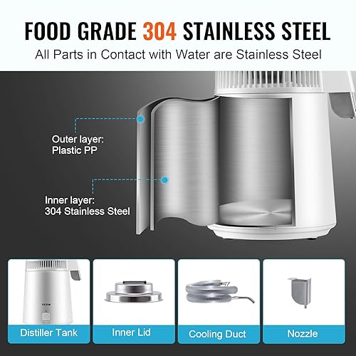Miniatura 4 de VEVOR Destilador de agua, máquina de agua destilada de 1.1 galones, destilación de agua pura de 750 W con recipiente de plástico sin BPA, kit de