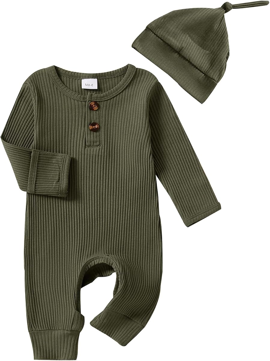 Infant Boys Girls Clothes Set Newborn Baby Romper Hat Ribbed Knit Long Sleeve Button Solid Bodysuit Jumpsuit