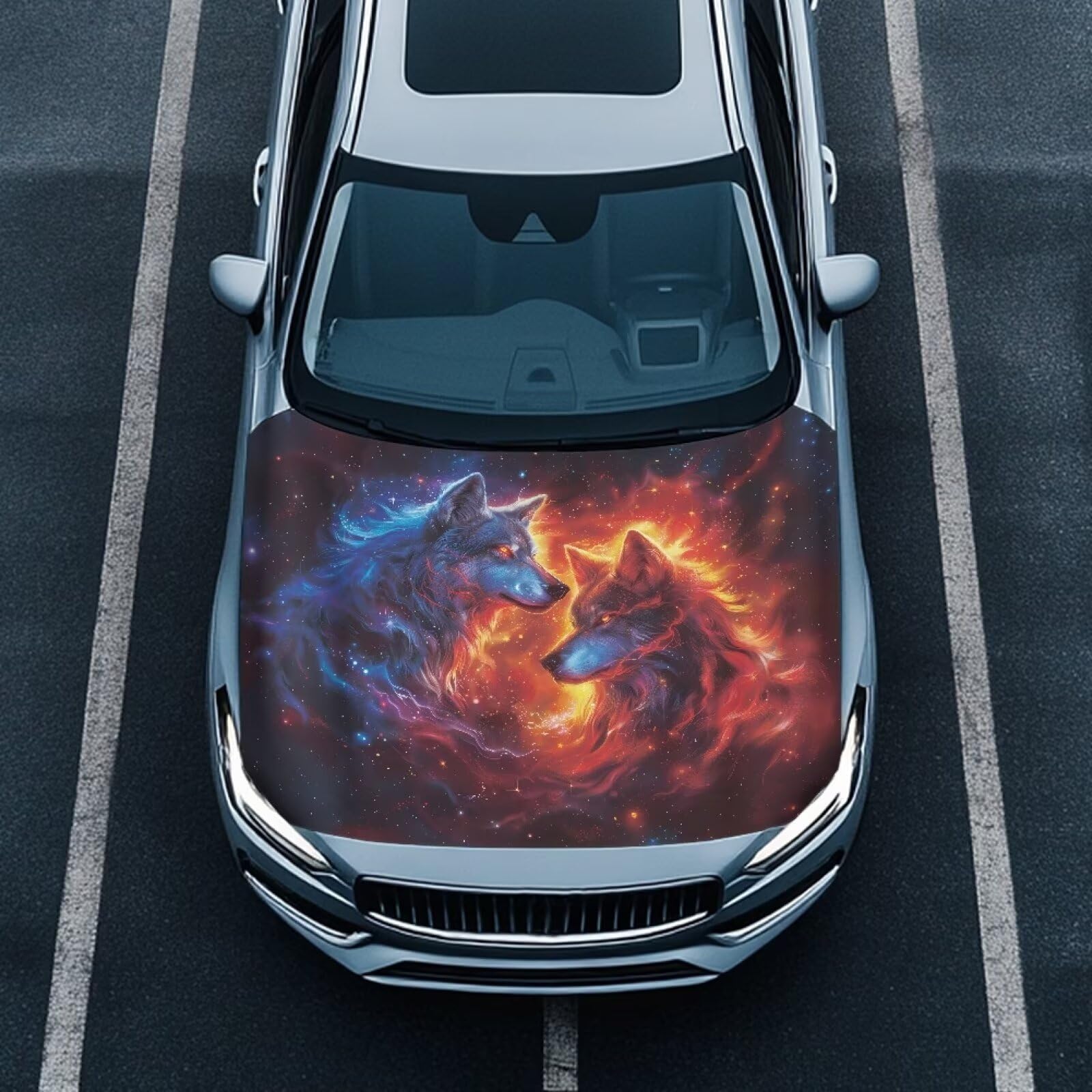 Wolf and Flame Car Hood Cover Polyester Elastic Fabrics Can be Washed Suitable for Auto Car Truck, Van, SUV, Pickup,Car Accessories