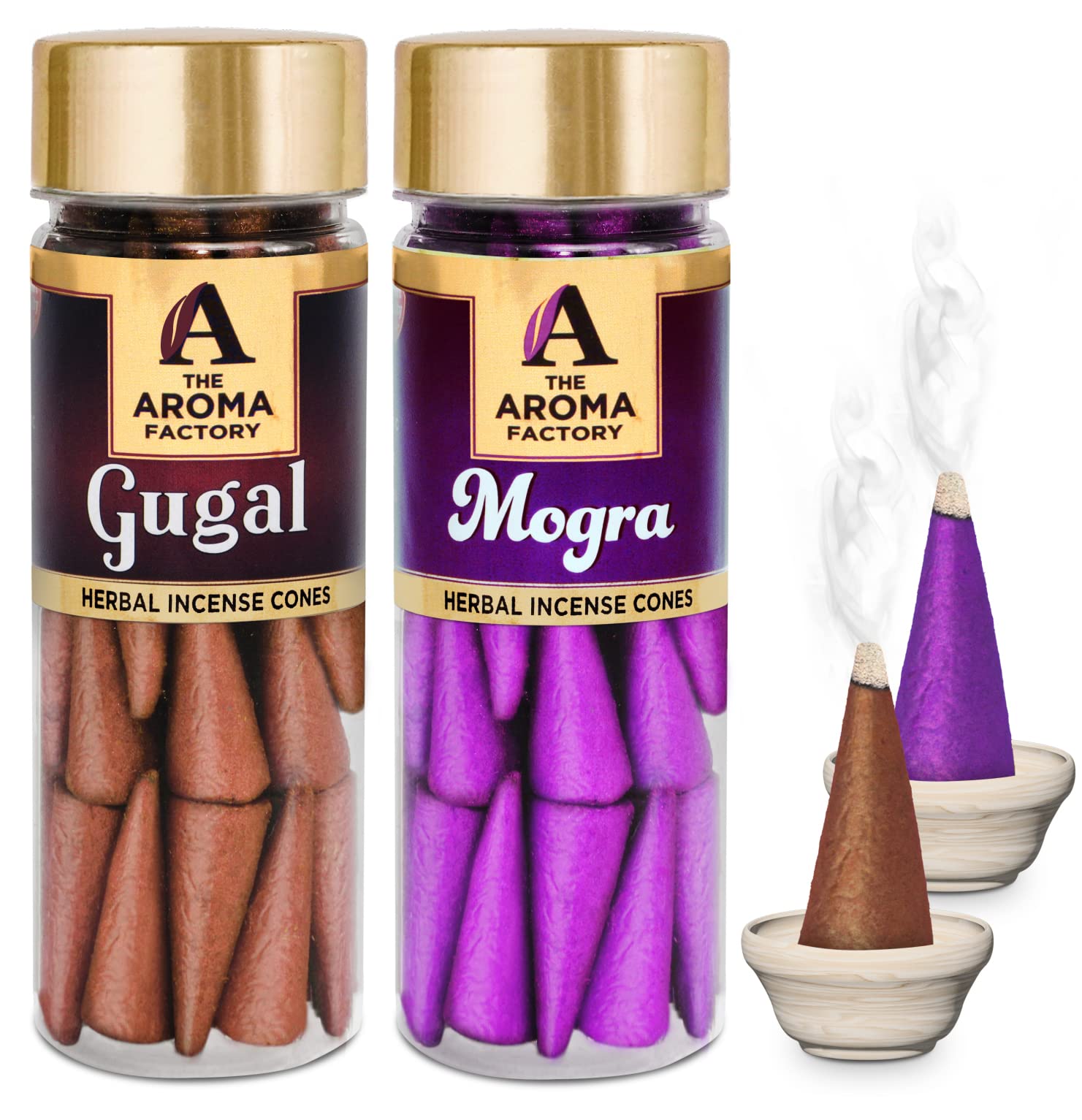 The Aroma Factory Incense Dhoop Cone for Pooja (100% Herbal & 0% Charcoal) 2 x 30 Cones, Gugal & Mogra, 2 Bottles