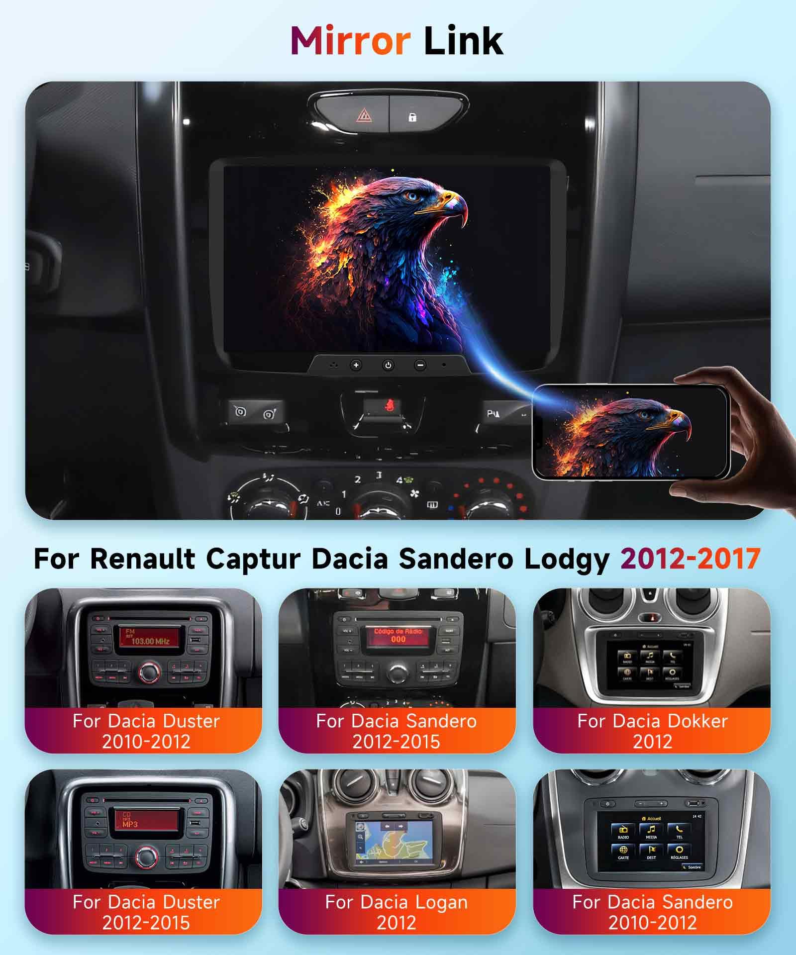 Autoradio Android 7" Pour Renault Captur, Dacia Sandero/Duster/Logan (2011-2017) - CarPlay/Android Auto Sans Fil, GPS, WiFi, 4+64Go, Caméra De Recul - 9