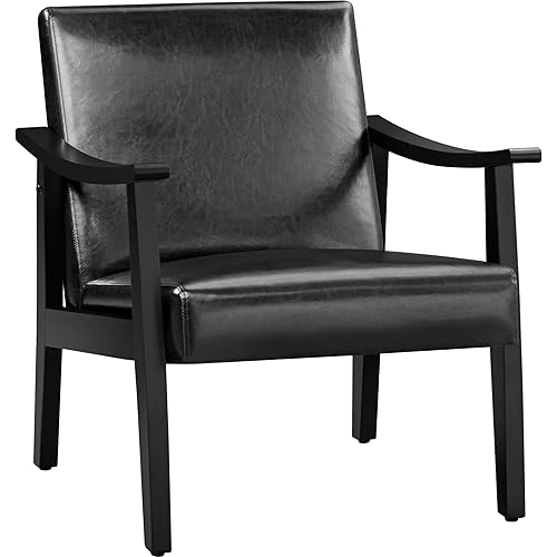 Yaheetech PU Leather Accent Chair, Mid-Century Modern Armchair with Solid Wood Legs, Reading Leisure Chair with High Back for Living Room Bedroom Waiting Room, Black